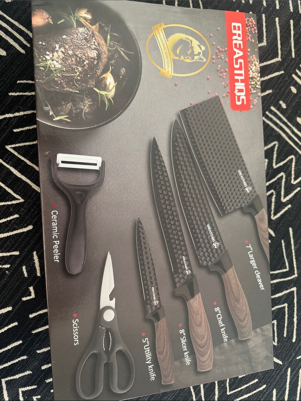 6-Piece Black & Wood Handle Knife Set with Ceramic Peeler & Scissors